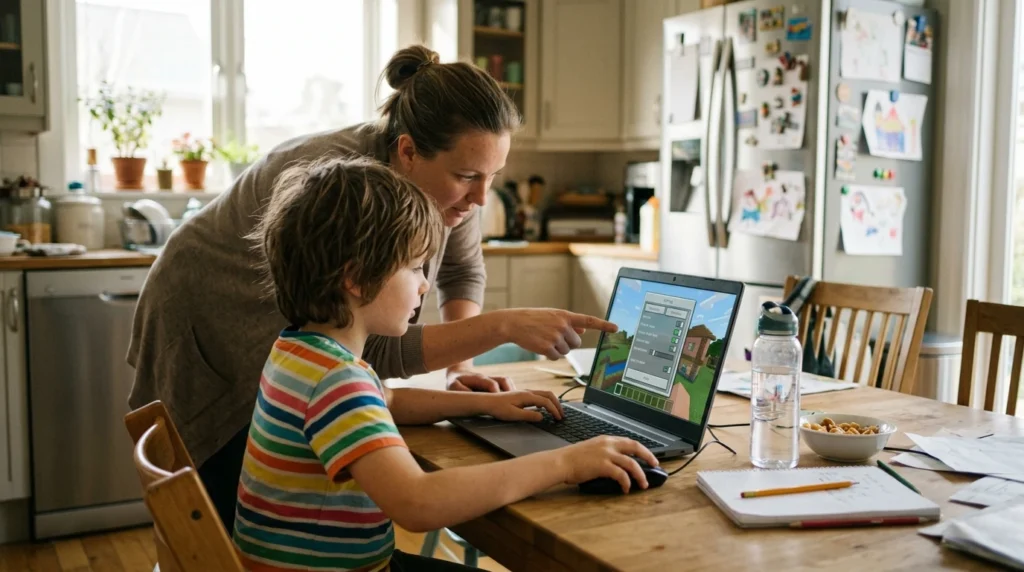 A parent pointing at game settings on a laptop while a child plays a blocky building game at the kitchen table