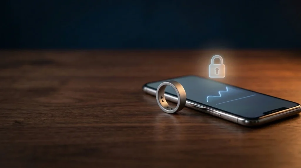 Smart ring standing beside a phone showing sleep data, with a glowing padlock symbol for privacy