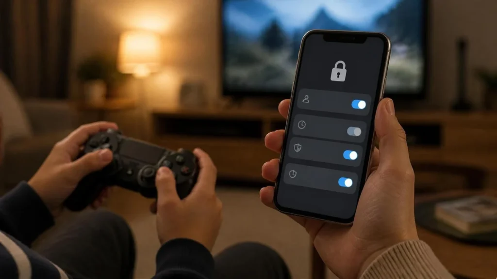 Child holding a game controller while a parent sets parental controls on a phone with a padlock icon