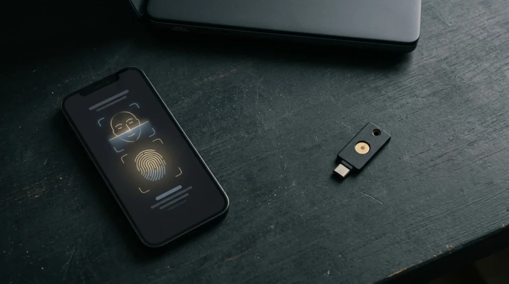 Phone showing a face and fingerprint passkey prompt next to a USB-C hardware security key on a dark desk