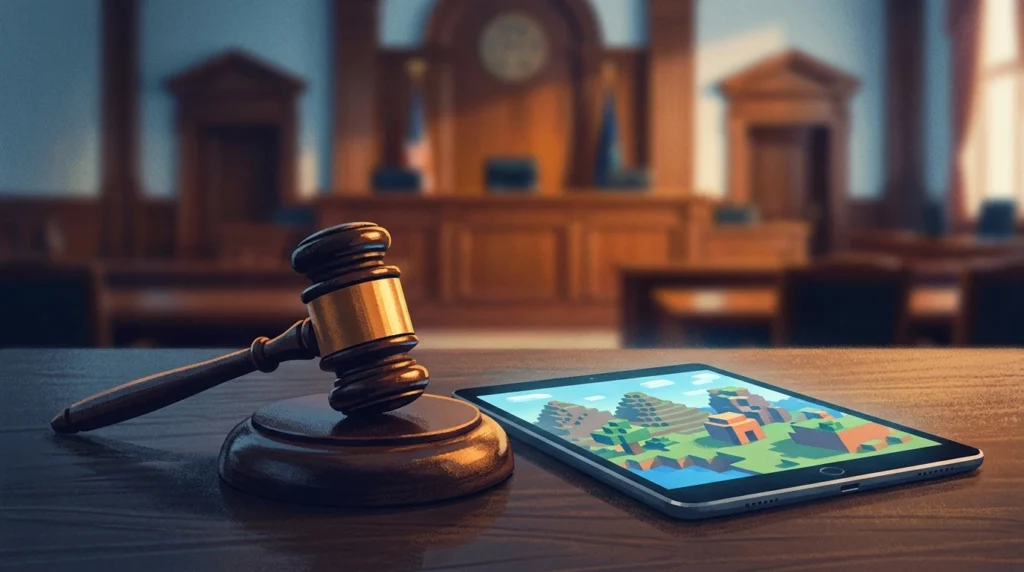 A judge's gavel on a courtroom table next to a tablet showing a colorful blocky game world