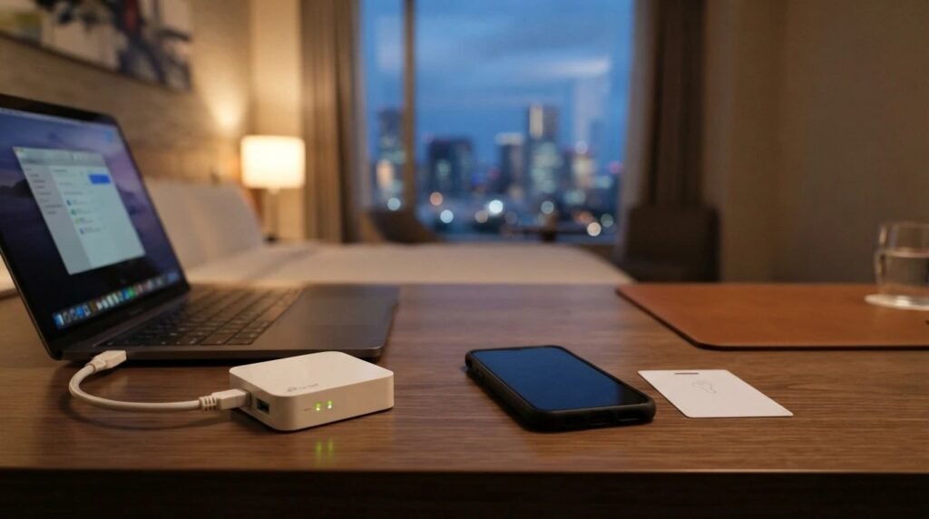 Travel router connected to a laptop on a hotel room desk, with a phone and hotel key card