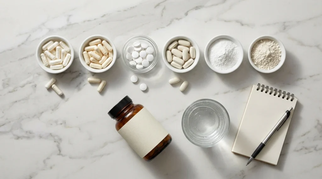 Six dishes of different magnesium capsules, tablets and powders beside a plain supplement bottle, a glass of water and a notepad on a marble counter